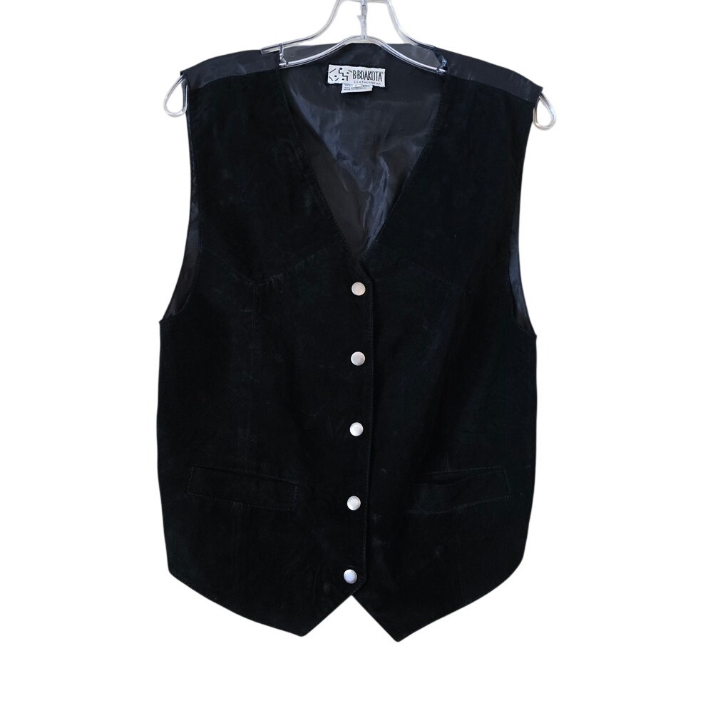 BB Dakota Leatherwear Mens Black Suede Leather‎ Vest Silver Button Cinch Back S